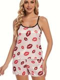 Women Red Kiss Lip Print Black Trim Spaghetti Strap Cami & Shorts 2 Piece Pajama Set Summer Casual Loungewear Nightwear