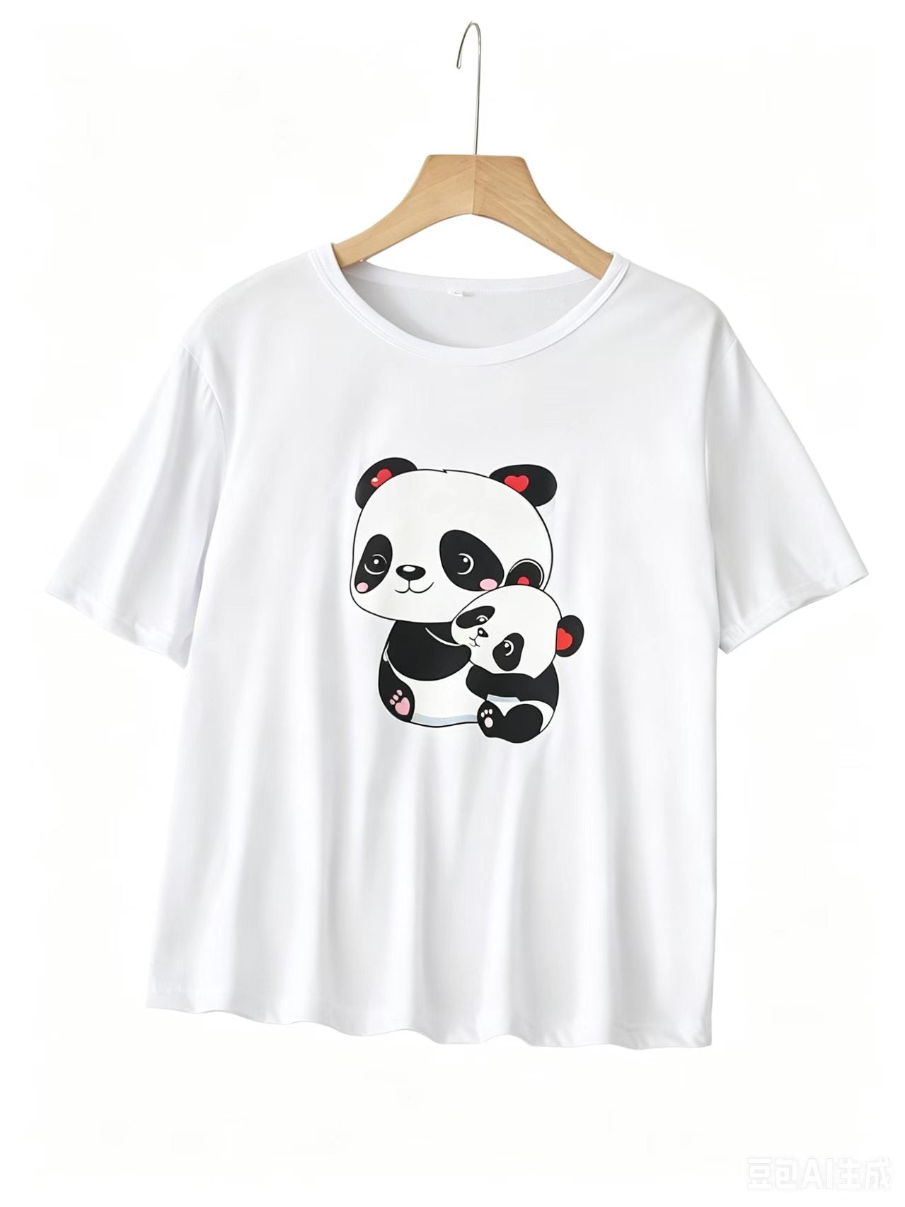 Cute Cartoon Mom & Baby Panda Graphic Tee, Women's Soft Casual Short Sleeve Round Neck Daily T‑Shirt