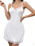 Women's White Lace Trim Slip Nightgown - V-Neck Sleeveless Soft Sleep Dress, 95% Polyester 5% Spandex
