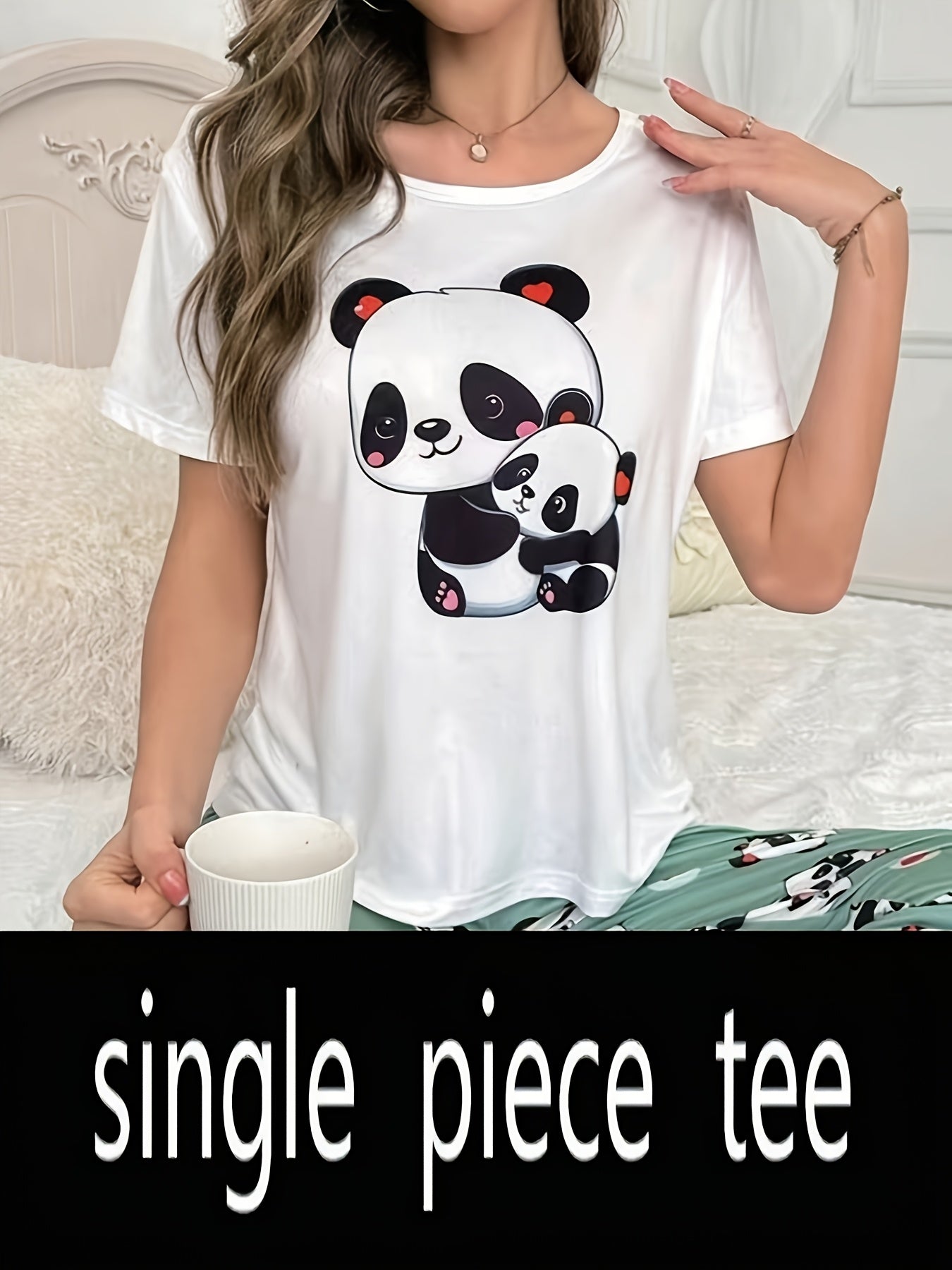 Cute Cartoon Mom & Baby Panda Graphic Tee, Women's Soft Casual Short Sleeve Round Neck Daily T‑Shirt