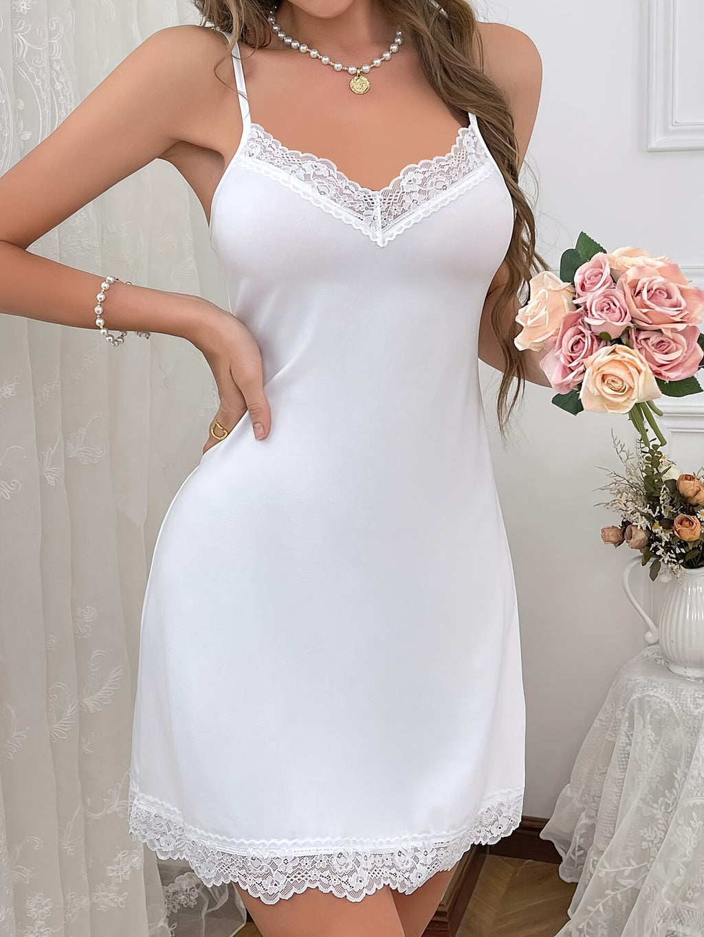 Women's White Lace Trim Slip Nightgown - V-Neck Sleeveless Soft Sleep Dress, 95% Polyester 5% Spandex