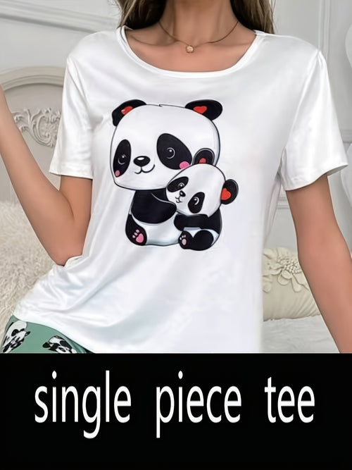 Cute Cartoon Mom & Baby Panda Graphic Tee, Women's Soft Casual Short Sleeve Round Neck Daily T‑Shirt