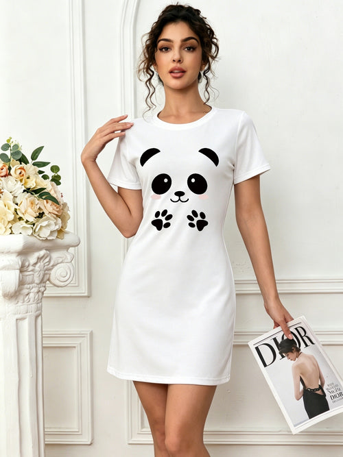 Cute Panda Print Short Sleeve Nightgown for Women, Casual Loose Crew Neck T-Shirt Dress, Summer Loungewear Sleepwear