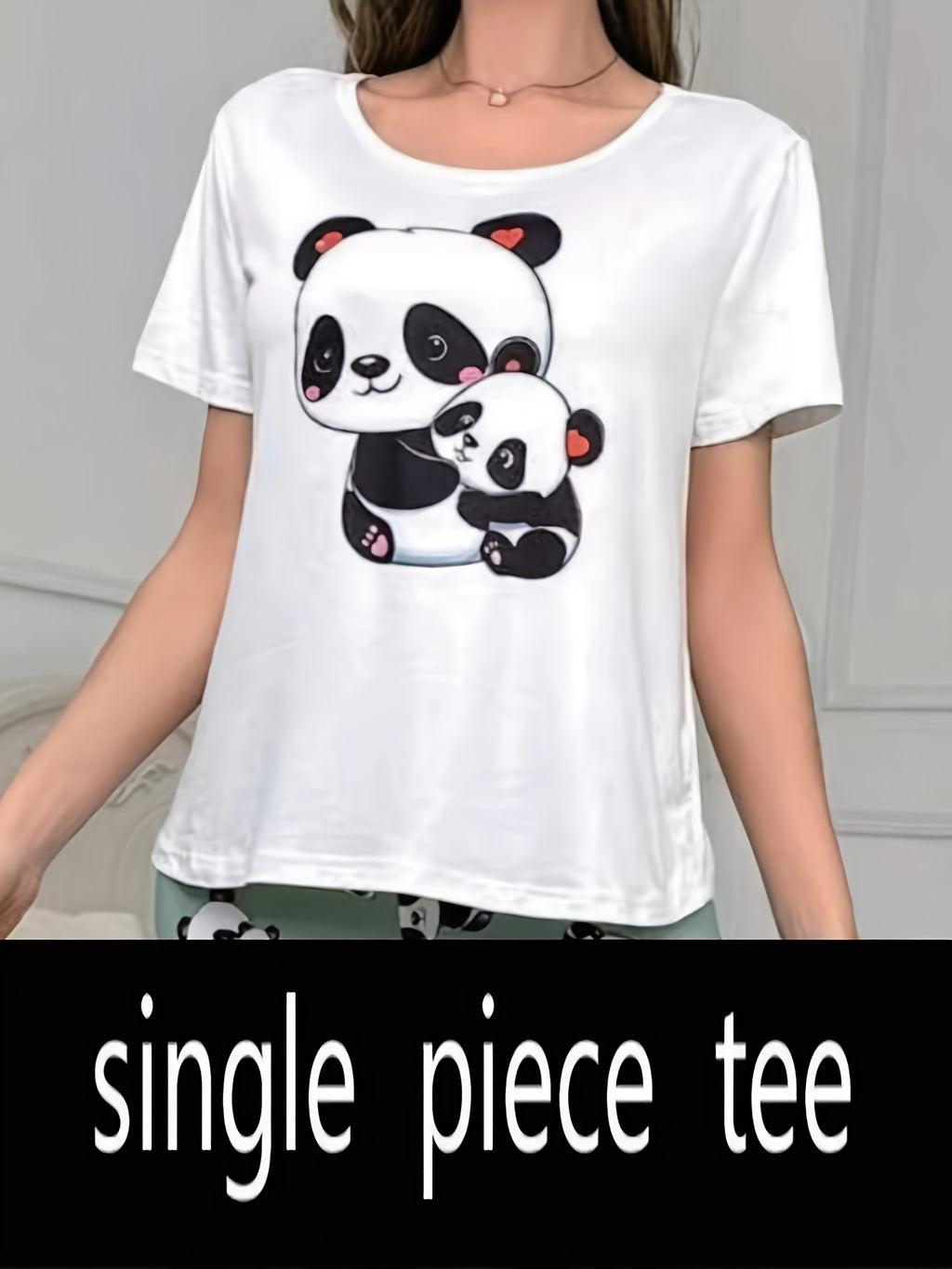 Cute Cartoon Mom & Baby Panda Graphic Tee, Women's Soft Casual Short Sleeve Round Neck Daily T‑Shirt
