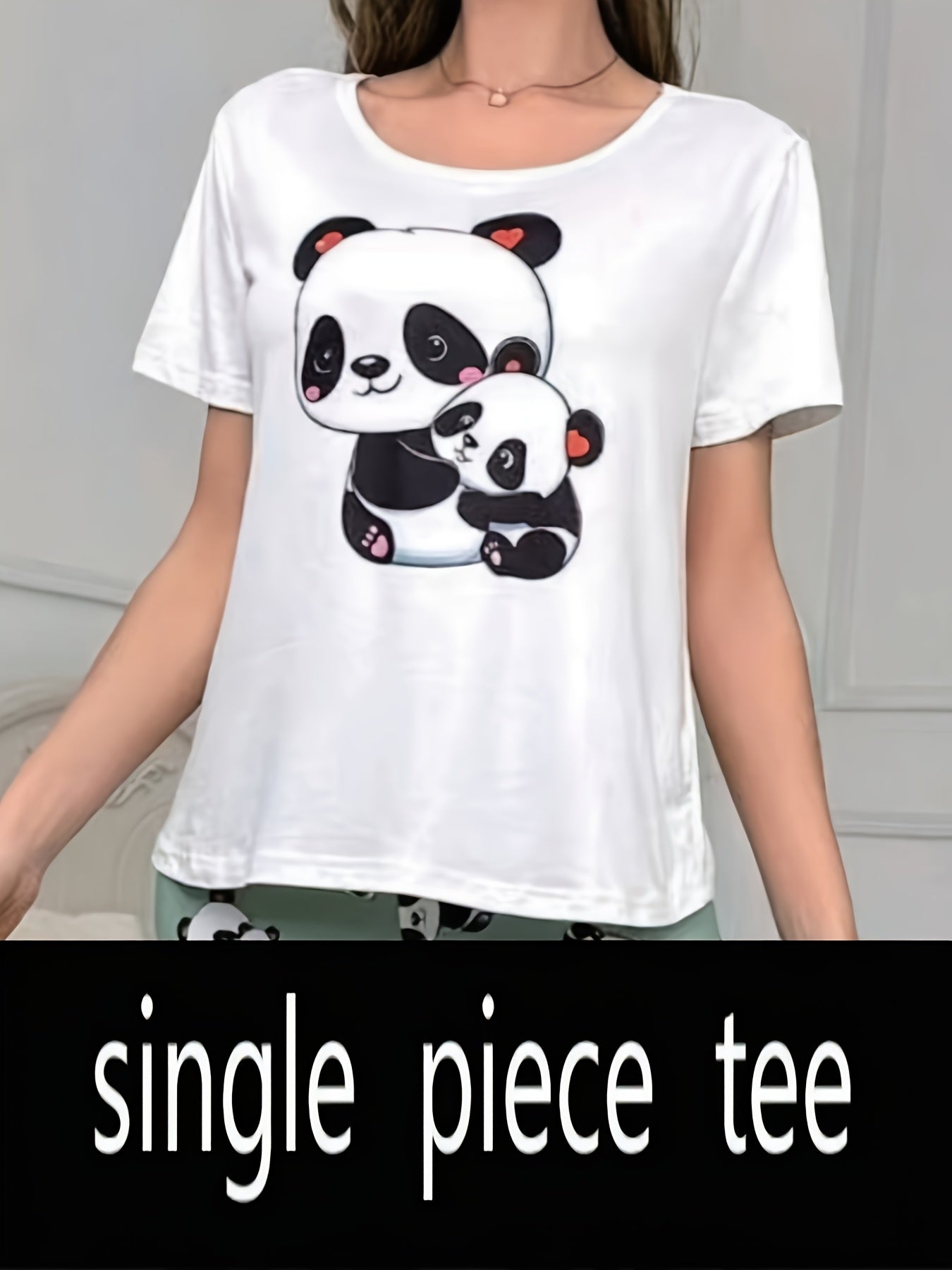 Cute Cartoon Mom & Baby Panda Graphic Tee, Women's Soft Casual Short Sleeve Round Neck Daily T‑Shirt
