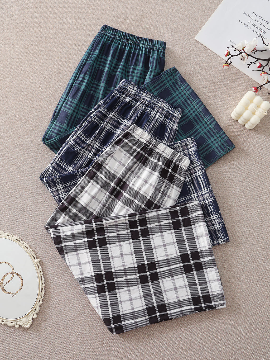 Women 3 Pack Plaid Capri Pajama Shorts with Pockets Elastic Waist Casual Lounge Capri Pants