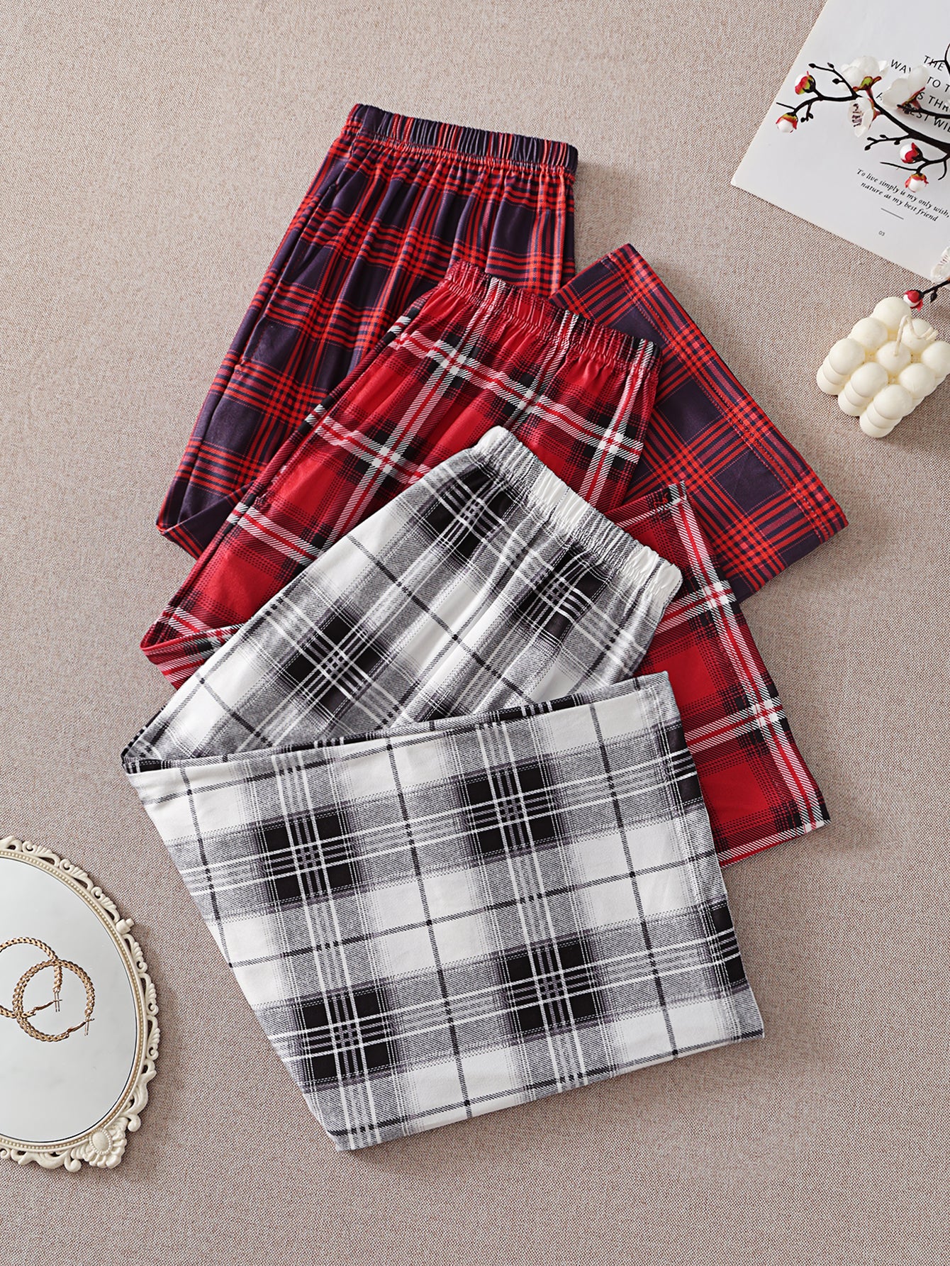 Women’s Classic Check Pattern Wide-Leg Sleep Pants, Three-Color Checkered Loose-Fit Home Pants for Women, Side Pockets, Can Be Worn Outside, Soft and Skin-Friendly, Living Pants, Set of 3 Pieces.