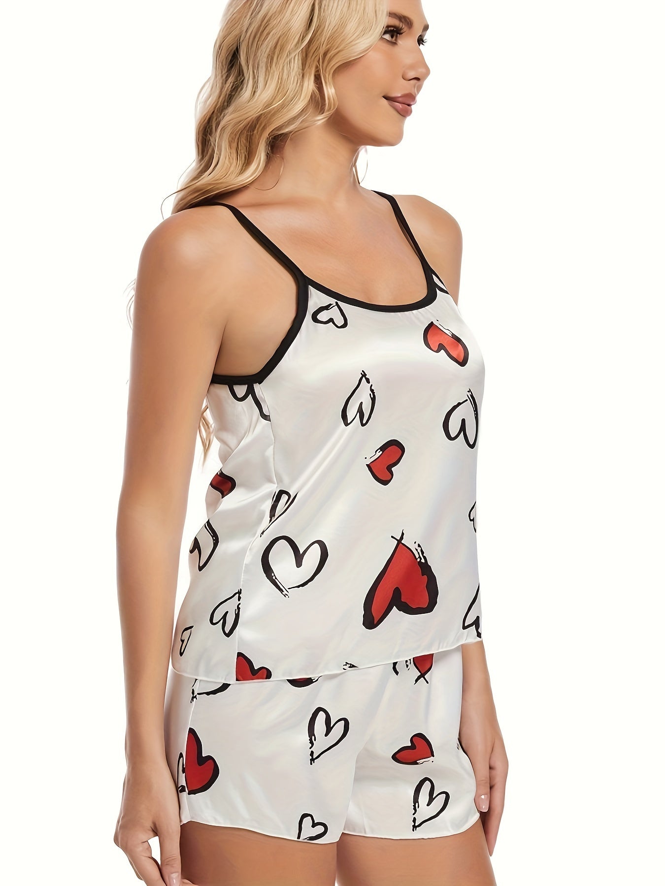 Cute Heart Print Satin Camisole Shorts Pajama Set Women Summer Sleep Set