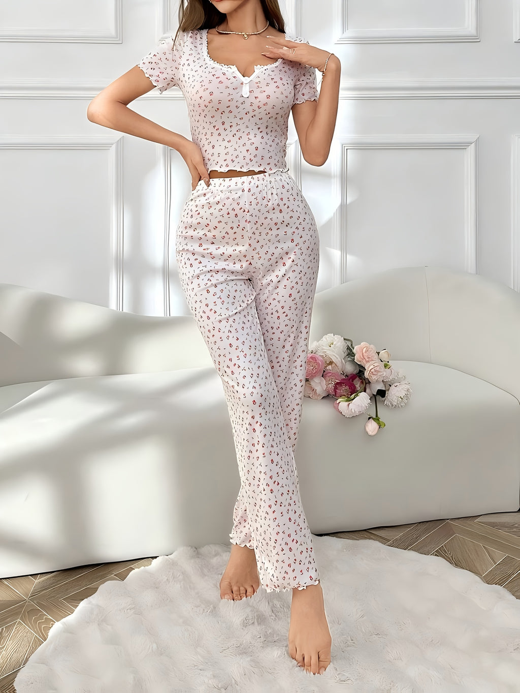 Cozy Ribbed Floral Print 2-Piece Loungewear - Short Sleeve Crop Top & Wide Leg Pants Pajama Set 