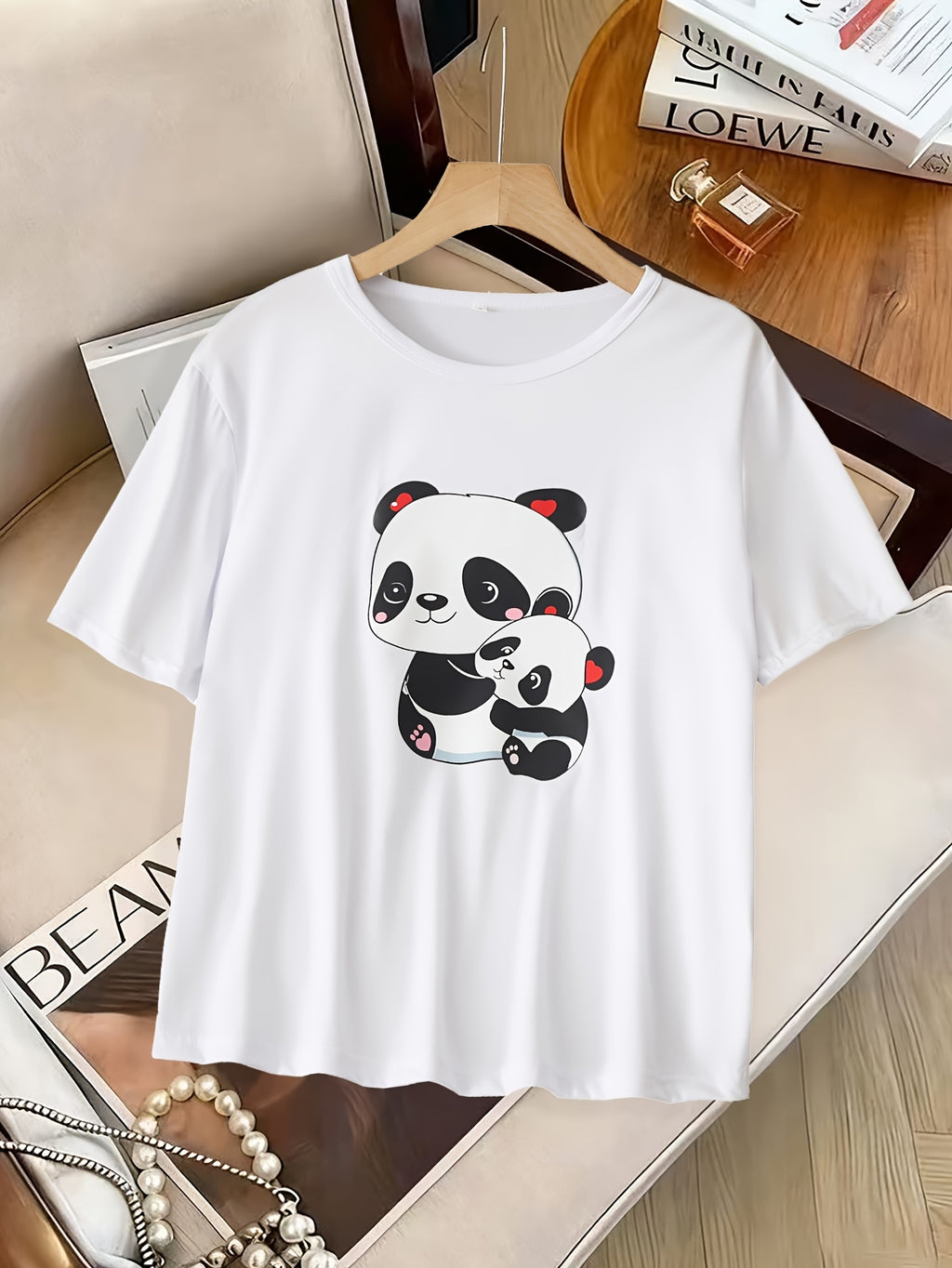 Cute Cartoon Mom & Baby Panda Graphic Tee, Women's Soft Casual Short Sleeve Round Neck Daily T‑Shirt
