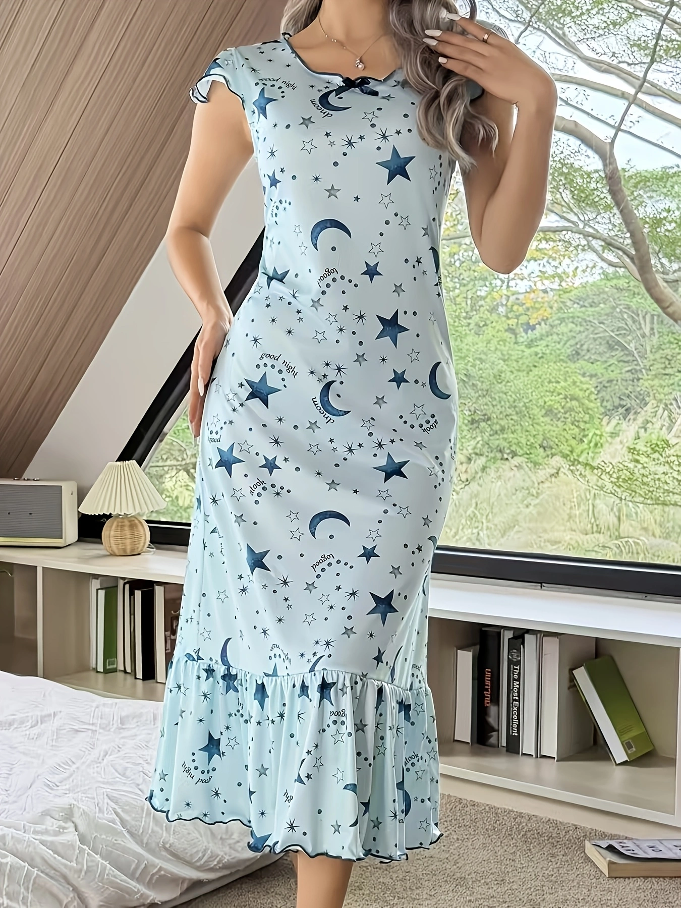 Women’s Sweet Style Starlight/Moonprint Mid-Length Sleep Dress with Lace Sleeves and Flowing Hem. Casual Home Wear.