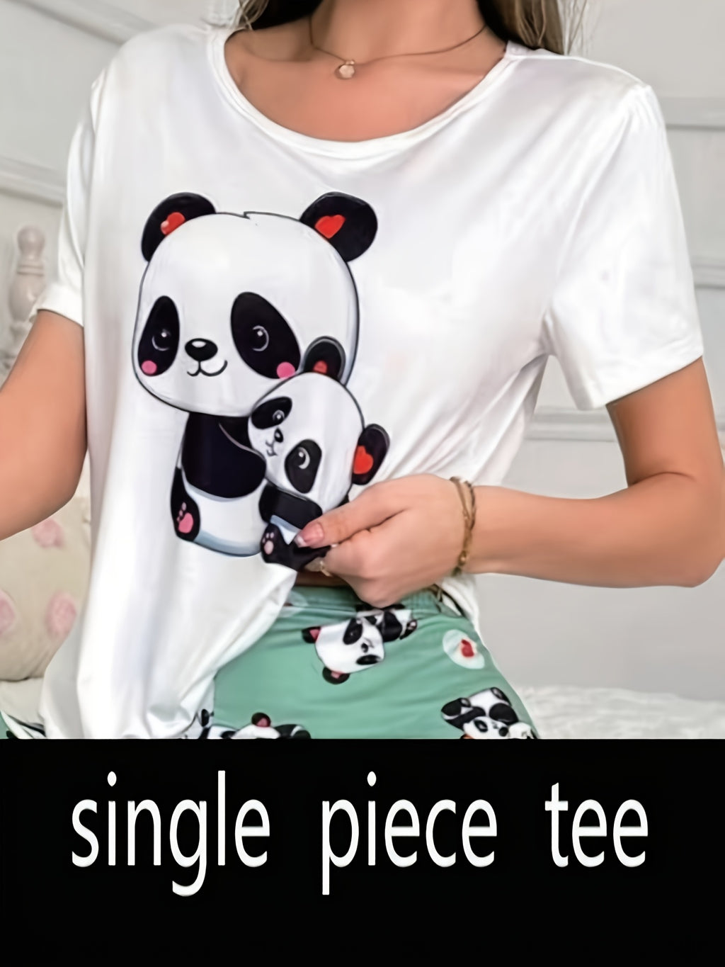 Cute Cartoon Mom & Baby Panda Graphic Tee, Women's Soft Casual Short Sleeve Round Neck Daily T‑Shirt