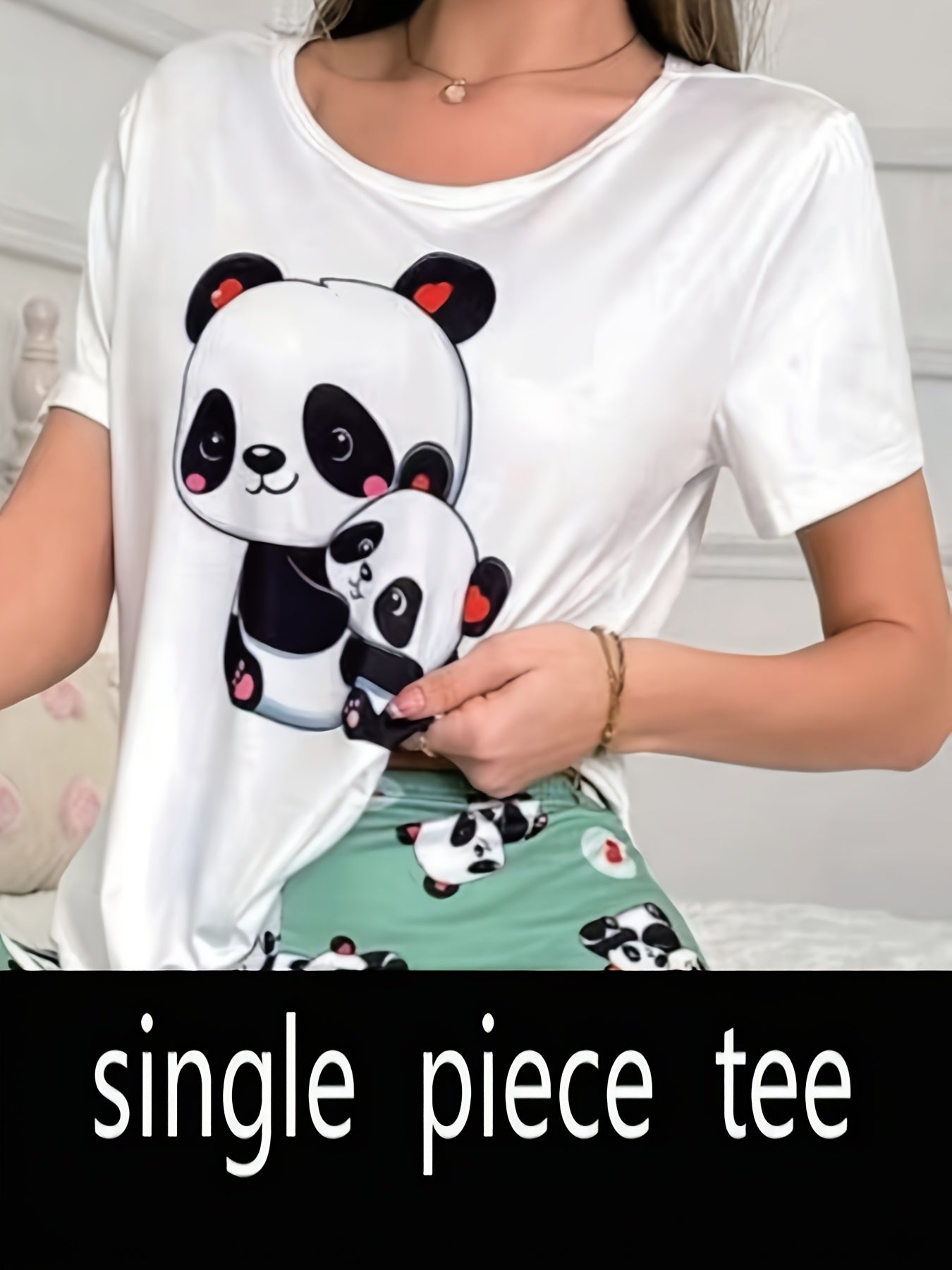 Cute Cartoon Mom & Baby Panda Graphic Tee, Women's Soft Casual Short Sleeve Round Neck Daily T‑Shirt