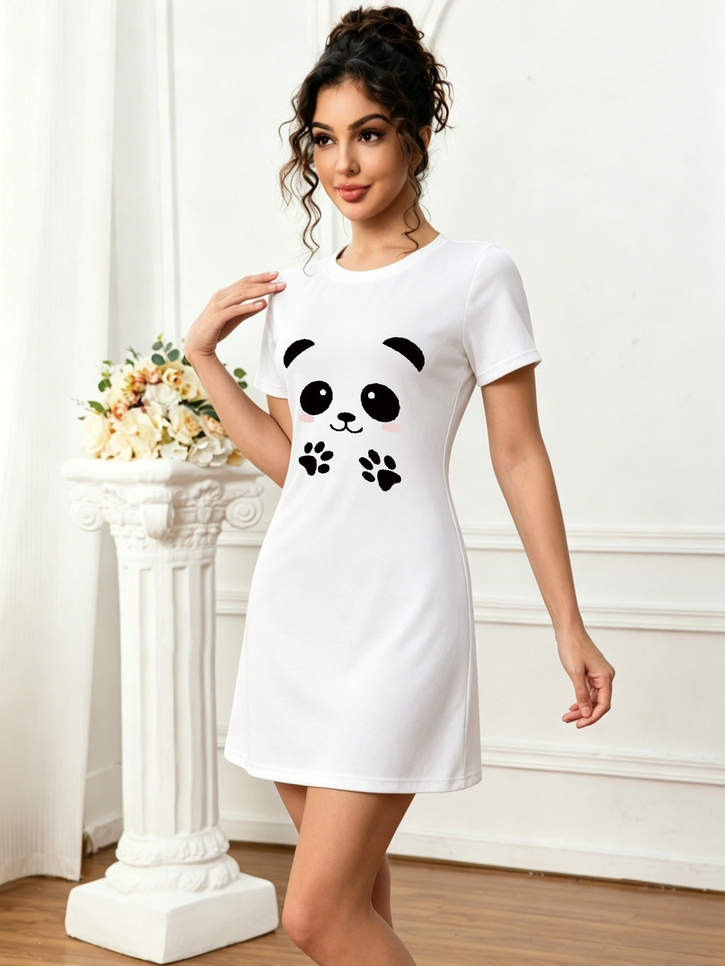 Cute Panda Print Short Sleeve Nightgown for Women, Casual Loose Crew Neck T-Shirt Dress, Summer Loungewear Sleepwear