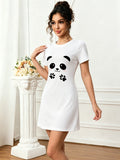 Cute Panda Print Short Sleeve Nightgown for Women, Casual Loose Crew Neck T-Shirt Dress, Summer Loungewear Sleepwear