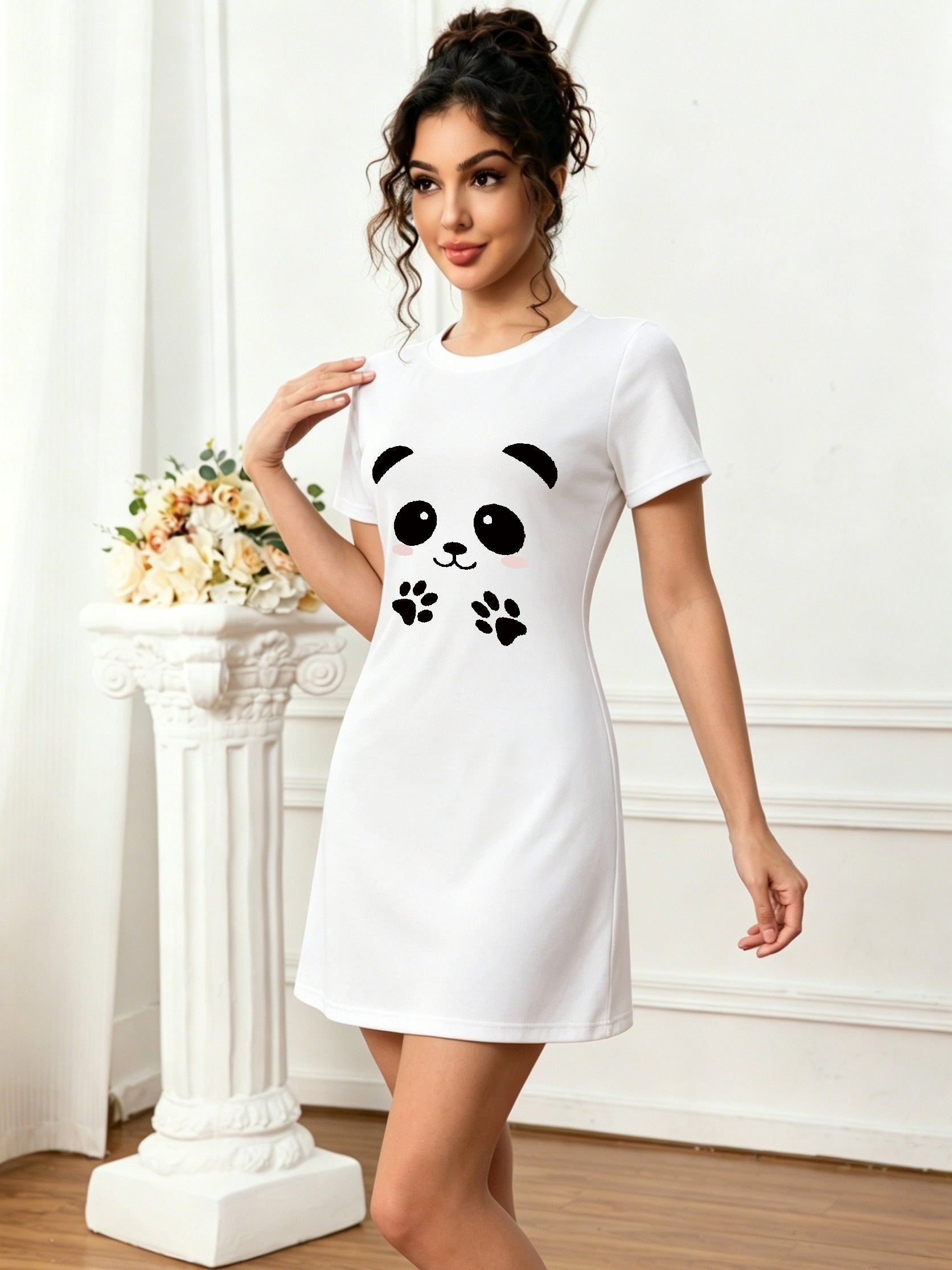 Cute Panda Print Short Sleeve Nightgown for Women, Casual Loose Crew Neck T-Shirt Dress, Summer Loungewear Sleepwear