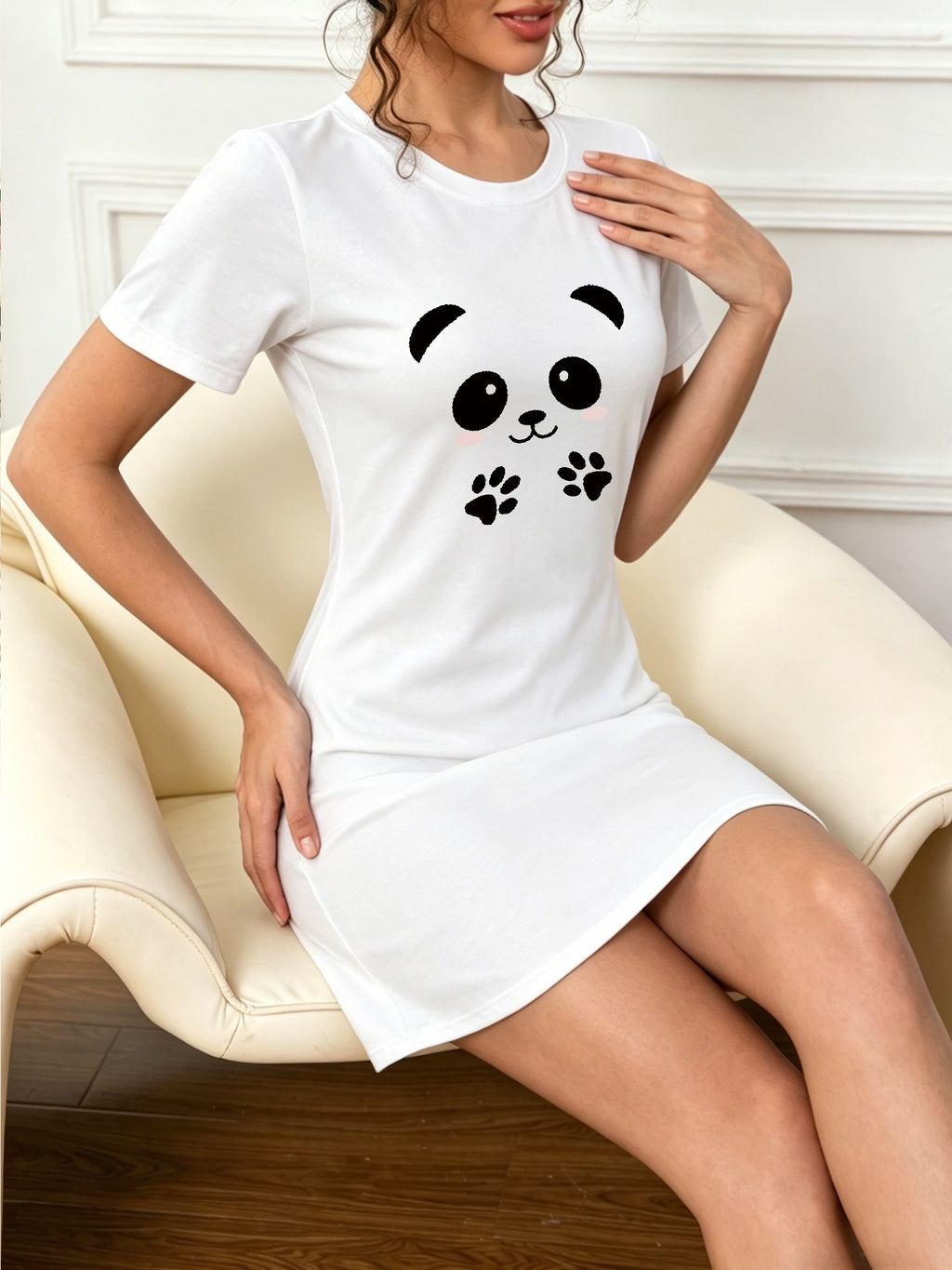Cute Panda Print Short Sleeve Nightgown for Women, Casual Loose Crew Neck T-Shirt Dress, Summer Loungewear Sleepwear