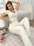 Women's Floral Print Knit Pajama Set - Short Sleeve Scallop Trim Crop Top & High Waist Long Pants Loungewear 2 Piece Sleepwear