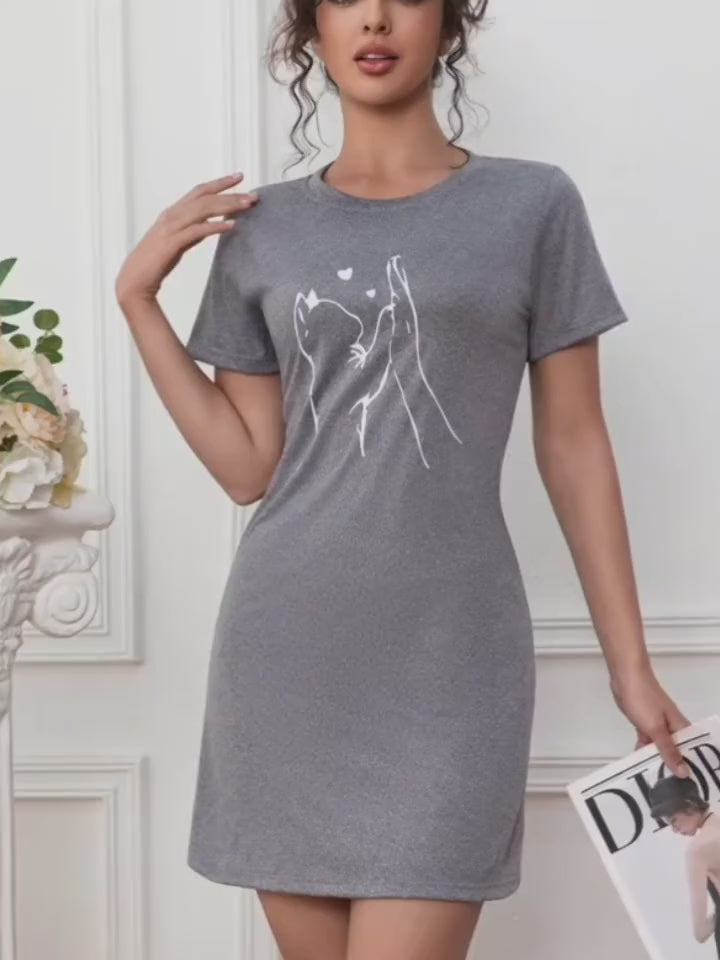  Women's Cat Print T-Shirt Dress - Short Sleeve Crew Neck Bodycon Mini Loungewear Dress 