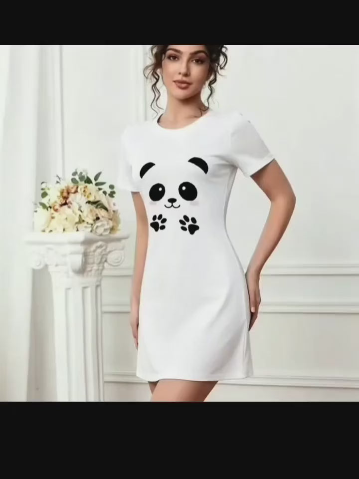 Cute Panda Print Short Sleeve Nightgown for Women, Casual Loose Crew Neck T-Shirt Dress, Summer Loungewear Sleepwear