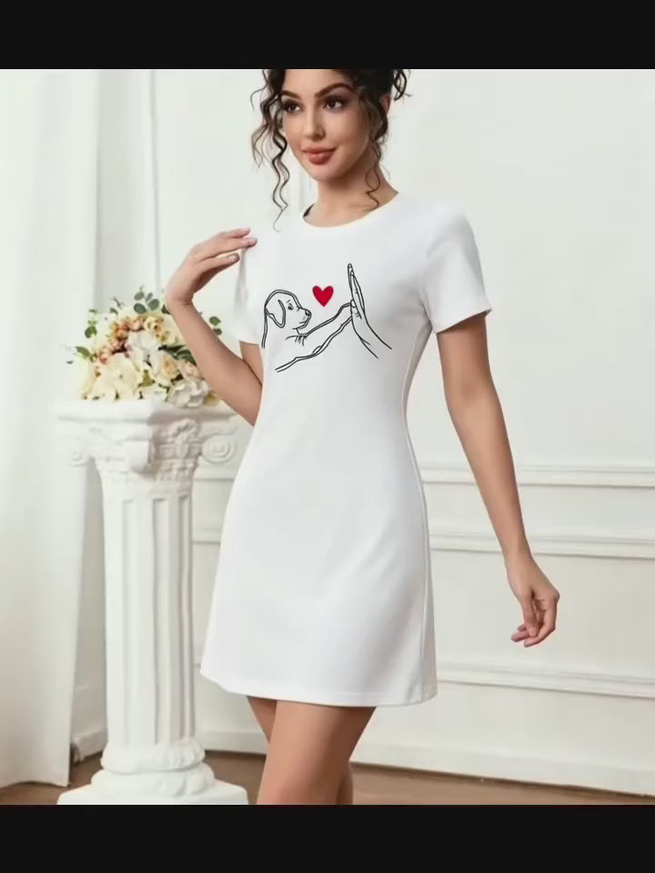 Dog Print Short Sleeve Nightgown for Women, Minimalist Line Art & Heart Crew Neck T-Shirt Dress, Casual Summer Loungewear Sleepwear