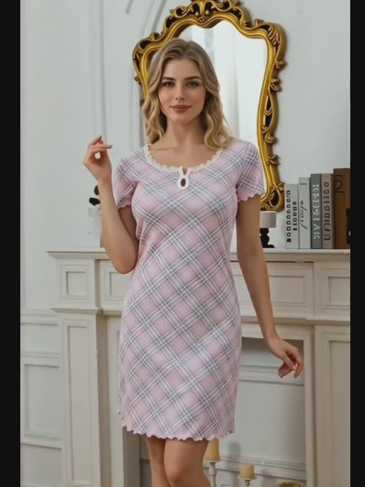 Women Pink Grey Plaid Nightgown Short Sleeve Lace Ruffle Trim Keyhole Neck Soft Stretchy Ribbed Knit Sleep Dress Casual Loungewear Night Dress For Ladies
